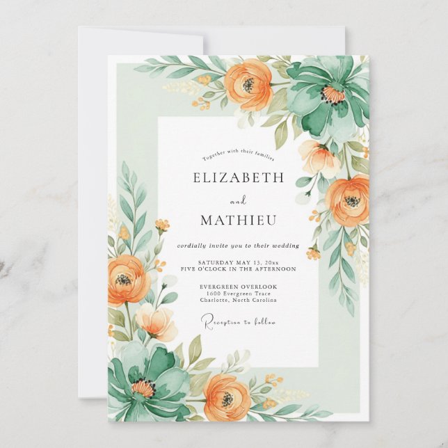 Peach Teal Artistic Spring Wedding Invitation (Front)