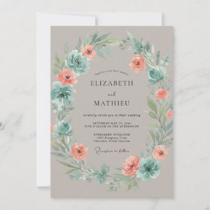 Peach Teal Floral Botanical Wedding Invitation
