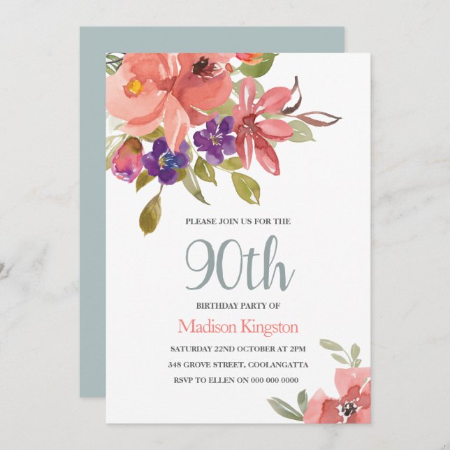 Peach & Teal Flowers 90th Birthday Party Invite (Front/Back)