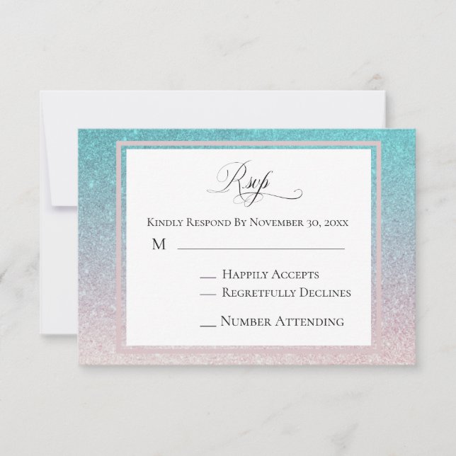 *~* Peach + Teal Glitter Beach AR4 Wedding RSVP Card (Front)