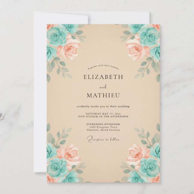 Peach Teal Romantic Bloom Wedding Invitation (Front)