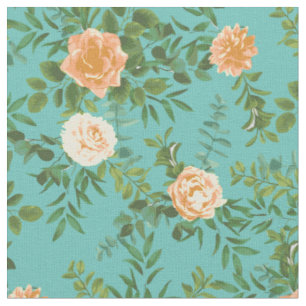 Peach Teal Roses Floral Flowers Fabric