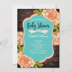 Peach Teal Wood Watercolor Flowers Baby Shower Invitation