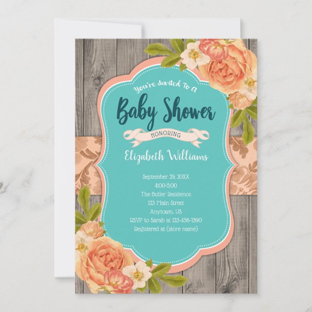Peach Teal Wood Watercolor Flowers Baby Shower Invitation (Front)
