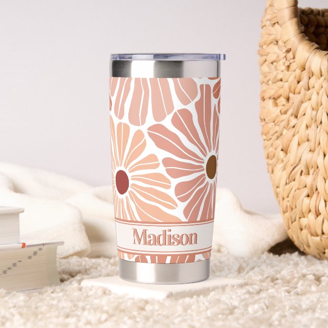 Peach Terracotta Boho Flower Pattern Monogram Insulated Tumbler (Living Room)