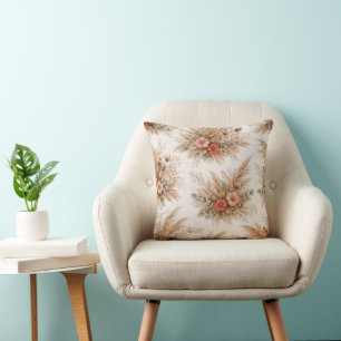 Peach Terracotta Boho Pampas Bouquet Throw Pillow