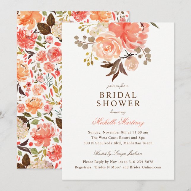Peach Terracotta Orange Floral Bridal Shower Invitation (Front/Back)