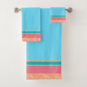 Peach Texture with Coral and Teal Stripes Bath Towel Set
