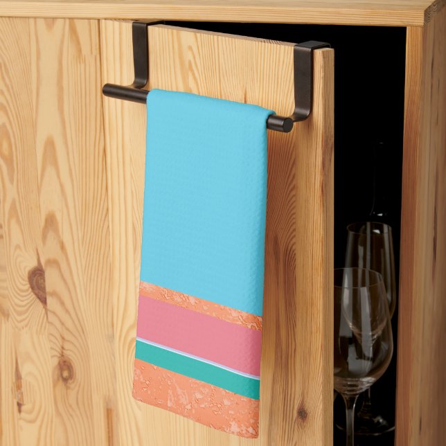 Peach Texture with Coral and Teal Stripes Kitchen Towel (Thirds Fold)
