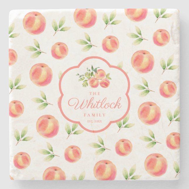 Peach Theme Personalized Family Name Stone Coaster (Front)