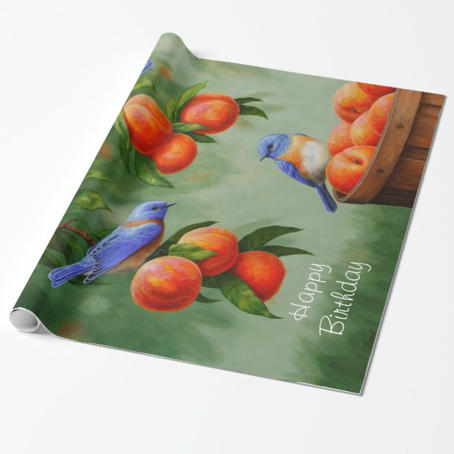 Peach Tree and Western Bluebirds Wrapping Paper (Unrolled)