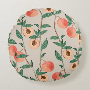 Peach tree branches with leaves and fruits on a li round pillow