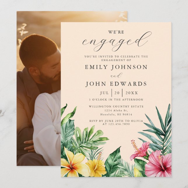 Peach Tropical Flowers Engagement Party Photo Invitation (Front/Back)