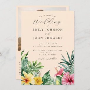 Peach Tropical Flowers Photo QR Code Wedding Invitation