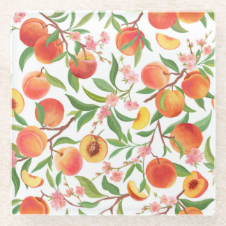 Peach Tropical Fruit Vintage Pattern. Glass Coaster