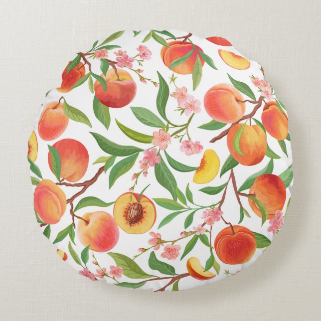 Peach Tropical Fruit Vintage Pattern. Round Pillow (Front)