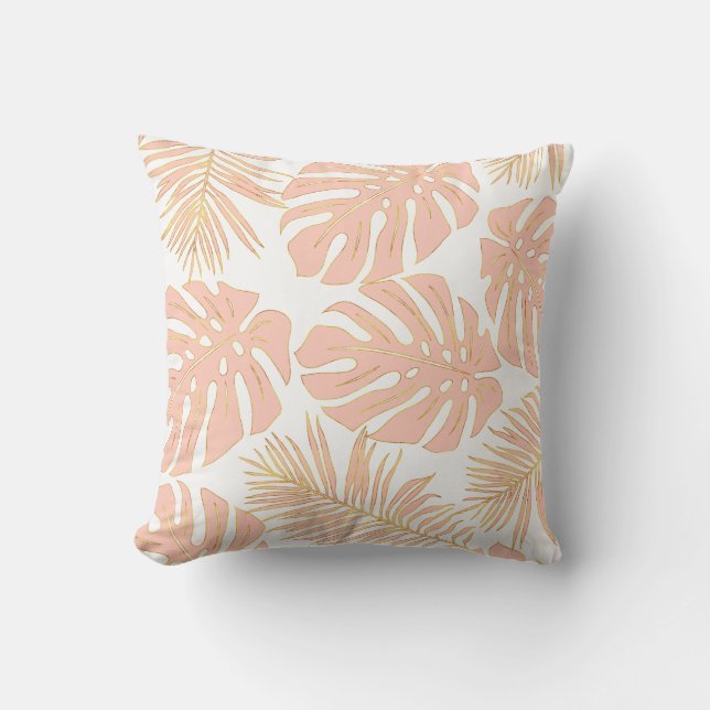 Peach tropical monstera leaves pattern outdoor pillow (Front)