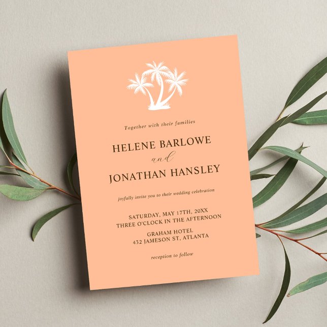 Peach Tropical Palm Tree Minimalist Wedding Invitation (Peach Tropical Palm Tree Minimalist Wedding Invitation)