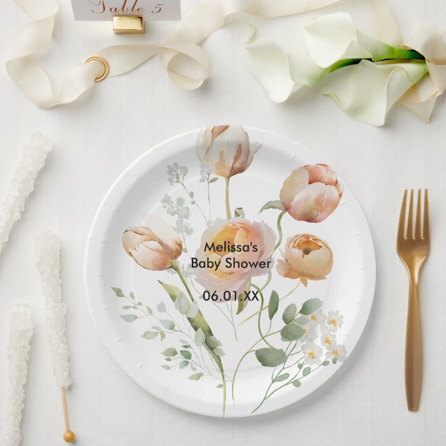 Peach Tulip Flower Personalize Party Paper Plates (Creator Uploaded)