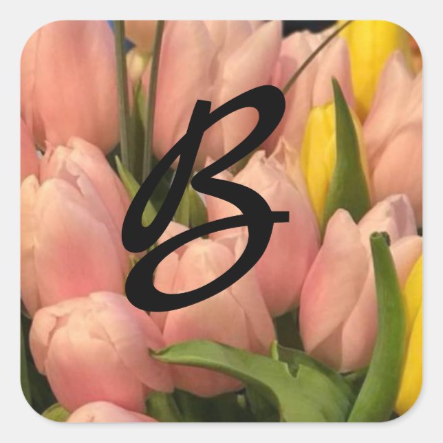 Peach  Tulip Monogram Design Square Sticker (Front)