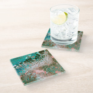 Peach & Turquoise Acrylic Pour Abstract Glass Coaster