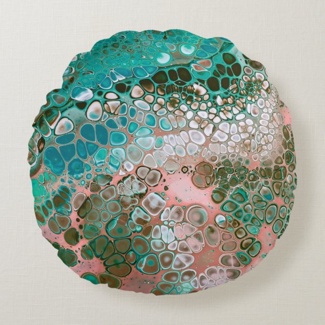 Peach & Turquoise Acrylic Pour Abstract Round Pillow (Front)