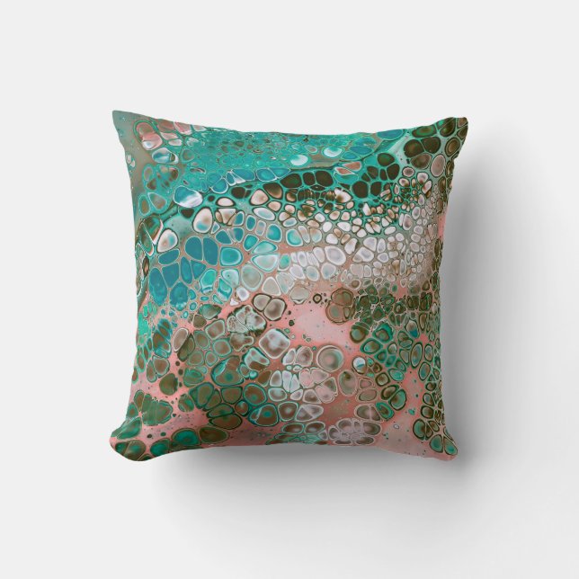 Peach & Turquoise Acrylic Pour Abstract Throw Pillow (Front)