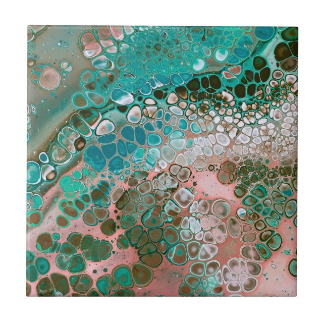 Peach & Turquoise Acrylic Pour Abstract Tile (Front)