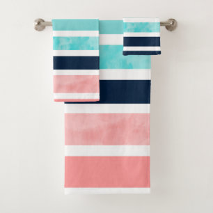 Peach Turquoise Indigo White Stripes Bath Towel Set