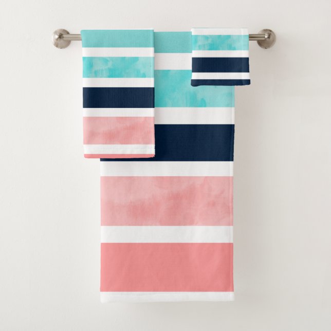 Peach Turquoise Indigo White Stripes Bath Towel Set (Insitu)