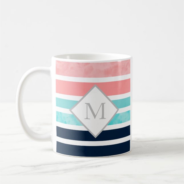 Peach Turquoise Indigo White Stripes Coffee Mug (Left)