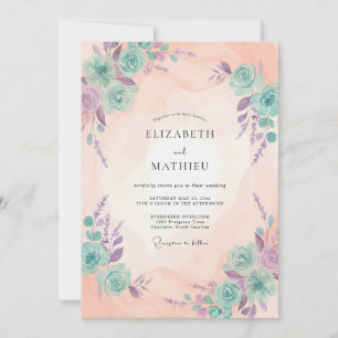 Peach Turquoise Ranunculus Eucalyptus Wedding Invitation