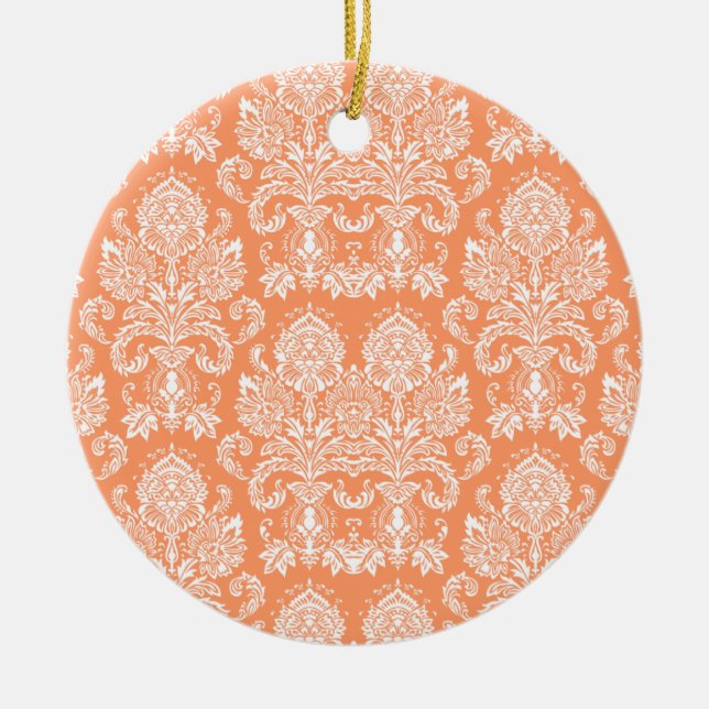 Peach Victorian Damask Ceramic Ornament (Front)
