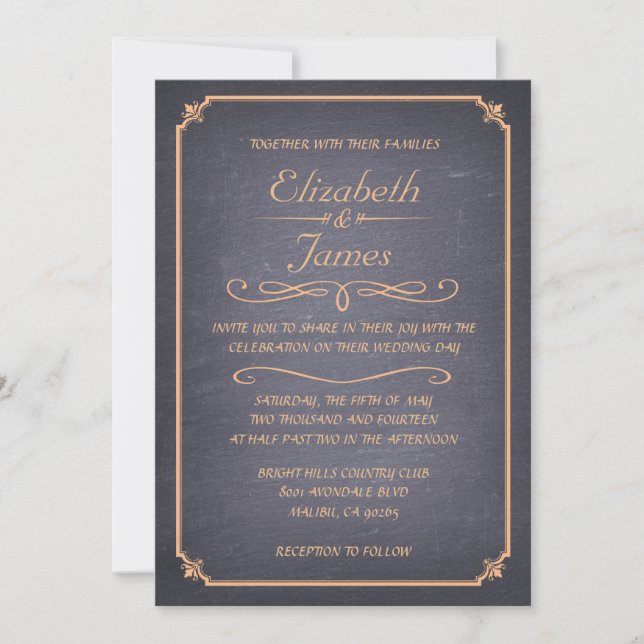 Peach Vintage Chalkboard Wedding Invitations (Front)