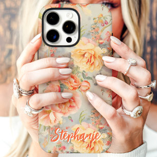 Peach Vintage Floral Custom Name iPhone 16 Pro Max Case