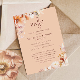 Peach Vintage Floral Fall BBQ Baby Shower Invitation