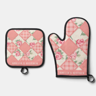 Peach vintage floral pink flowers plaid pattern oven mitt & pot holder set
