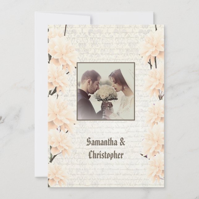 Peach vintage floral wedding photo invitation (Back)