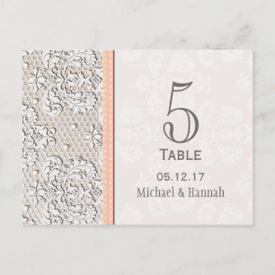 Peach Vintage Lace Wedding Table Number Card