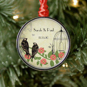 Peach Vintage Newlywed First Christmas Birdcage Metal Ornament