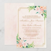 Peach Watercolor and Floral Wedding Invitation