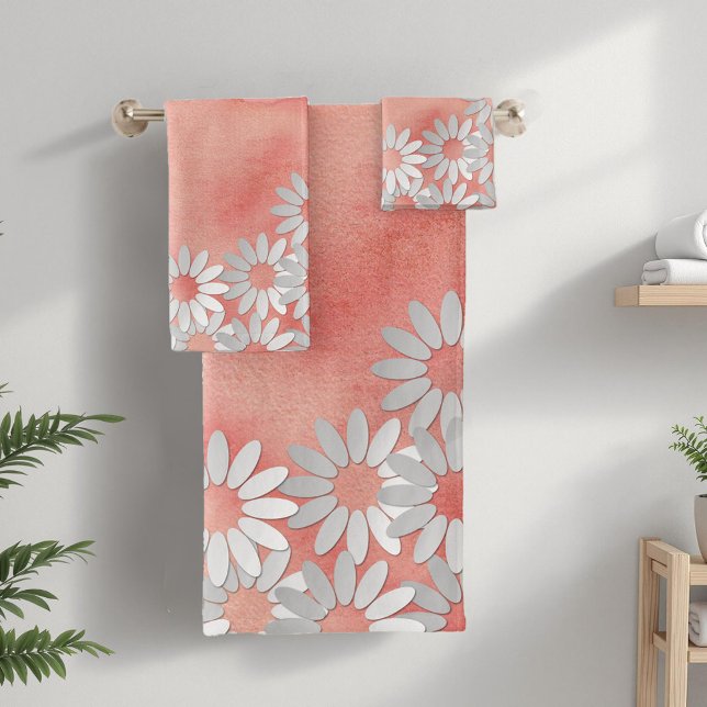 Peach Watercolor and White Flowers Bath Towel Set (Creator Uploaded)