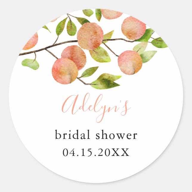 Peach Watercolor Bridal Shower  Classic Round Sticker (Front)