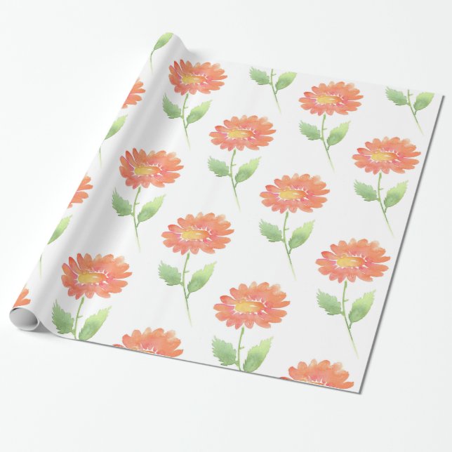 Peach Watercolor Daisy Wrapping Paper (Unrolled)