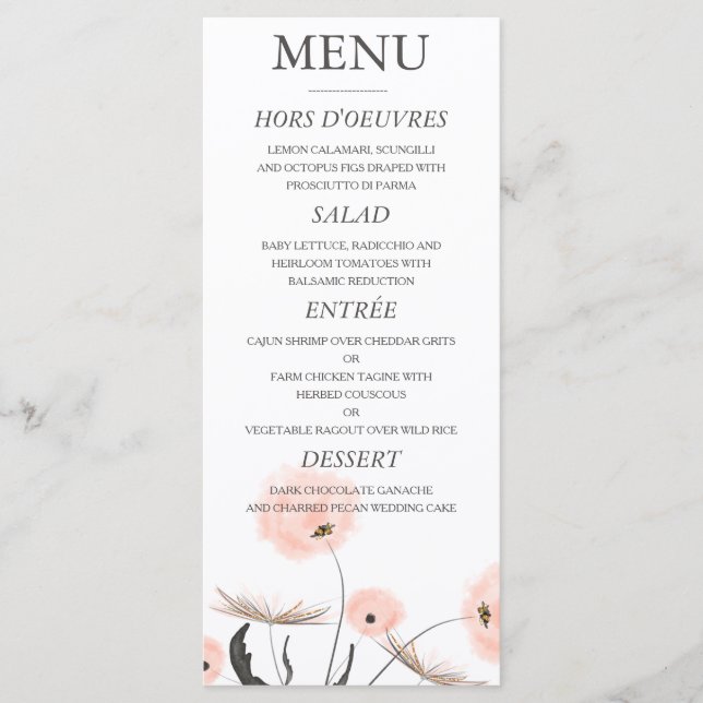 Peach Watercolor Dandelion Menu Mariage (Devant)