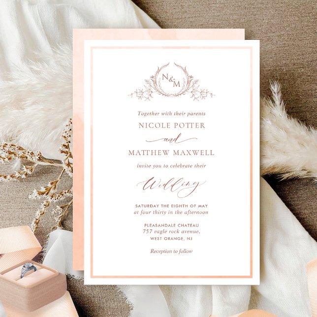 Peach Watercolor Elegant Monogram Wedding Invitation (Creator Uploaded)
