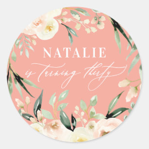 Peach watercolor floral 30th birthday party favour classic round sticker