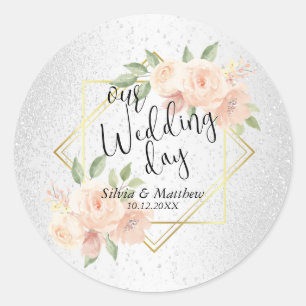 Peach Watercolor Floral and White Glitter  Classic Round Sticker
