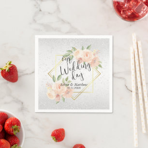 Peach Watercolor Floral and White Glitter  Napkin