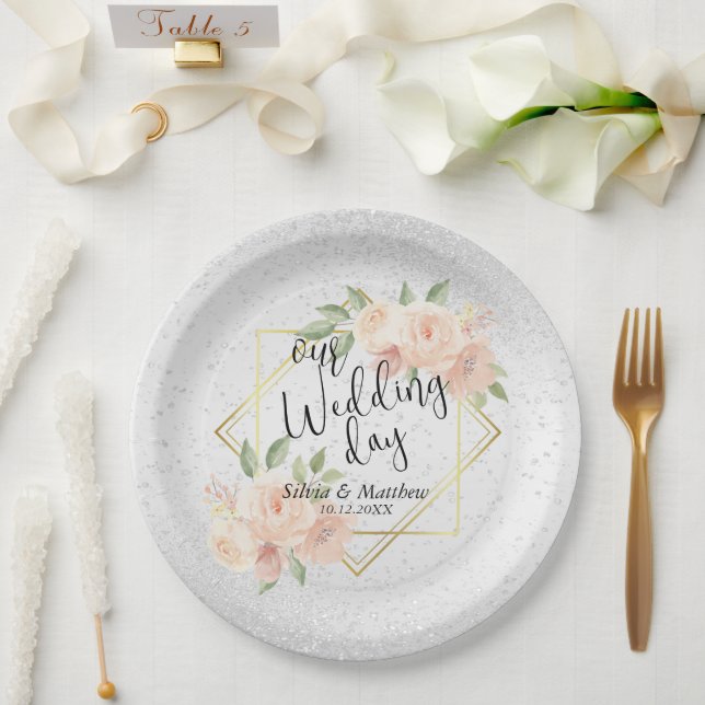 Peach Watercolor Floral and White Glitter  Paper Plate (Wedding)